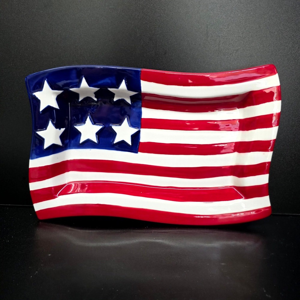 American Flag Ceramic Wavy Serving Platter Red White Blue Patriotic Decor